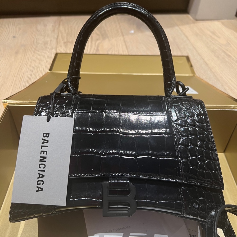 NWT Balenciaga Calfskin Crocodile Embossed Small Hourglass Top Handle Bag Black
